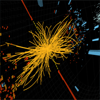 <p>
	A proton-proton collision event in the CMS experiment producing two high-energy photons (red towers). This is what is expected to be seen from the decay of a Higgs boson but it is also consistent with background Standard Model physics processes.<br />
	Image: CERN</p>
