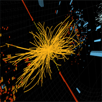 <p>
	A proton-proton collision event in the CMS experiment producing two high-energy photons (red towers). This is what is expected to be seen from the decay of a Higgs boson but it is also consistent with background Standard Model physics processes.<br />
	Image: CERN</p>
