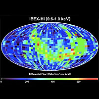 The IBEX satellite maps the boundary layer of the sun's bubble, or heliosheath. This map shows this data plotted on an all-sky image, revealing the bright ribbon-like structure (in greens, yellows and reds) swirling across the sky.<br /><br />Image: Southwest Research Institute