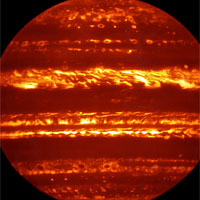 <p>Jupiter imaged using the VISIR instrument on the VLT<br />
In preparation for the imminent arrival of NASA’s Juno spacecraft in July 2016, astronomers used ESO’s Very Large Telescope to obtain spectacular new infrared images of Jupiter using the VISIR instrument. They are part of a campaign to create high-resolution maps of the giant planet to inform the work to be undertaken by Juno over the following months, helping astronomers to better understand the gas giant.<br />
<br />
This false-colour image was created by selecting and combining the best images obtained from many short VISIR exposures at a wavelength of 5 micrometres.<br />
<br />
Credit: ESO/L. Fletcher</p>
