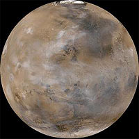 Mars in April, 2003—from the Mars Global Surveyor Mars Orbiter Camera.
Photo courtesy National Aeronautics and Space Administration