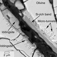 <p>
	Microtunnels in Yamato Meteorite From Mars</p>
<p>
	This scanning electron microscope image of a polished thin section of a meteorite from Mars shows tunnels and curved microtunnels. The clay mineral iddingsite is present in this meteorite, named Yamato 000593, which was found in Antarctica in 2000 and identified as originating from Mars. The scale bar at lower left is 2 microns.</p>
<p>
	Image credit: NASA<br />
	 </p>

