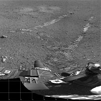 <p>
	This 360-degree panorama shows evidence of a successful first test drive for NASA's Curiosity rover. On Aug. 22, 2012, the rover made its first move, going forward about 15 feet (4.5 meters), rotating 120 degrees and then reversing about 8 feet (2.5 meters). Curiosity is about 20 feet (6 meters) from its landing site, now named Bradbury Landing.</p>
<p>
	Image credit: NASA/JPL-Caltech</p>
