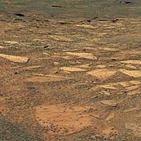 Opportunity's view of its target down the slope of Endurance Crater.
<P>
Courtesy: NASA/JPL