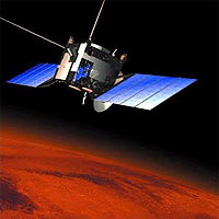 The Mars Express spacecraft in orbit around Mars. 
<P>
Credits: ESA 2001, Illustration by Medialab