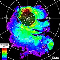 This map shows the thickness of the south polar layered deposits of Mars, an ice-rich geologic unit that was probed by the Mars Advanced Radar for Subsurface and Ionospheric Sounding (MARSIS). <br /><br />Image credit: NASA/JPL/ASI/ESA/Univ. of Rome/MOLA Science Team/USGS