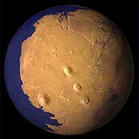 Mars as it might have appeared more than 2 billion years ago, tipped 50 degrees from its orientation today and with an ocean filling the lowland basin that today occupies the north polar region. The largest feature on the planet, the Tharsis bulge, is at center of left image. In right image, today's polar ice cap is shown in the middle of the ocean to indicate where the pole is today. The pictures were generated using Viking Orbiter images and topographic data from the Mars Orbiter Laser Altimeter on board the Mars Global Surveyor spacecraft. <br /><br />(Taylor Perron/UC Berkeley)