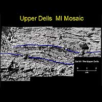 This magnified view from Opportunity of a portion of a martian rock called Upper Dells shows fine layers (laminae) that are truncated, discordant and at angles to each other. Interpretive black lines trace cross-lamination that indicates the sediments that formed the rock were laid down in flowing water. The interpretive blue lines point to boundaries between possible sets of cross-laminae.
<P>
Image courtesy: NASA
