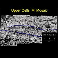 This magnified view from Opportunity of a portion of a martian rock called Upper Dells shows fine layers (laminae) that are truncated, discordant and at angles to each other. Interpretive black lines trace cross-lamination that indicates the sediments that formed the rock were laid down in flowing water. The interpretive blue lines point to boundaries between possible sets of cross-laminae.
<P>
Image courtesy: NASA
