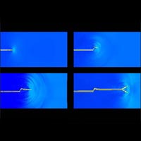 This simulation shows a crack spreading in a brittle material. First the crack creates a clean slice across the surface (upper left), but as it gains speed (other figures, clockwise) it starts to gyrate, and the crack's path becomes increasingly uneven. Image / Markus J. Buehler, MIT