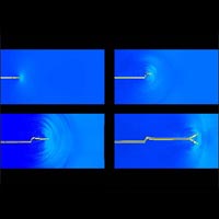 This simulation shows a crack spreading in a brittle material. First the crack creates a clean slice across the surface (upper left), but as it gains speed (other figures, clockwise) it starts to gyrate, and the crack's path becomes increasingly uneven. Image / Markus J. Buehler, MIT