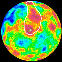 <p>
	The figure shows a color-coded view of the global crater areal density, obtained by measuring craters greater than 25 km. The region within the white line corresponds to the heavily cratered terrains analyzed to calculate the age of the oldest surfaces on Mercury.</p>
<p>
	Image courtesy: John Hopkins APL</p>
