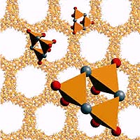 A depiction of a molecular self-assembly of periodic mesoporous organosilicas containing interconnected [Si(CH2)]3 building units. The larger figure in the foreground shows the ring-like structure of an individual [Si(CH2)]3 unit.
(Image: Geoffrey Ozin, U of T)