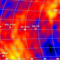A portion of Integral's gamma-ray map of the galaxy. This false colour picture was taken by the spectrometer on board Integral (SPI) between December 2002 and March 2003. The yellow dots correspond to bright known gamma-rays sources, whilst blue areas indicate regions of low emission. Data similar to these, but in a higher energy range, have been used to study where aluminium and iron are produced in the Galaxy. 
<P>
Credits: ESA/SPI team 
 
