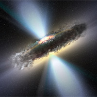 <p>
	This illustration shows the thick dust torus that astronomers believe surrounds supermassive black holes and their accretion discs. When the torus is seen edge-on’ as in this case, much of the light emitted by the accretion disc is blocked. However, the sharp X-ray and gamma-ray eyes of INTEGRAL can peer through the thick dust and locate 'hidden' black holes. INTEGRAL's survey of the local universe searched for hidden black holes but found few, which implies these kinds of black holes are largely in the more distant (earlier) universe.</p>
<p>
	Credit: ESA / V. Beckmann (NASA-GSFC)</p>
