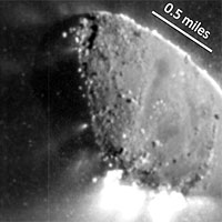 <p>
	Jets Galore</p>
<p>
	This enhanced image, one of the closest taken of comet Hartley 2 by NASA's EPOXI mission, shows jets and where they originate from the surface. There are jets outgassing from the sunward side, the night side, and along the terminator -- the line between the two sides.</p>
<p>
	The image was taken by EPOXI's Medium-Resolution Instrument on Nov. 4, 2010. The sun is to the right.</p>
<p>
	Image courtesy: NASA/JPL</p>
