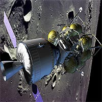 NASA's new crew exploration vehicle in lunar orbit. Artist's concept by John Frassanito and Associates.