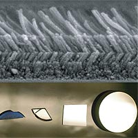 Layers of silica nanorods look like shag carpet (top) when viewed with a scanning electron microscope. When coated on a surface (bottom), the new anti-reflective material looks dark (left) in contrast to other anti-reflective coatings.<br /><br />Credit: E. Fred Schubert and Jong Kyu Kim, Rensselaer Polytechnic Institute