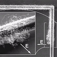 Shown above are carbon nanotubes grown on the sides of a microstructure. As they grow, they are oriented towards the local electrical field, marked by the 'E.' 
<P>
(Courtesy Ron Wilson and Dane Christensen) UCBerkeley.

