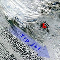A low pressure system ('L') located east of Cape Farewell triggers the Greenland tip jet. The high wind speeds within the jet forces deep convection in the Irminger Sea to the east of Cape Farewell. This image was taken by the Moderate Resolution Imaging Spectroradiometer onboard NASA's TERRA satellite on Jan. 24, 2001.
Image: Kent Moore, U of T Dept. of Physics