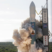 <p>
	NASA's GRAIL spacecraft successfully launched from Cape Canaveral Air Force Station, Fla., at 9:08 EDT (6:08 PDT) on Sept. 10, 2011. As depicted in the artist's concept on the right, the twin spacecraft, GRAIL-A and GRAIL-B will work in tandem to study the lunar interior, from crust to core, and to advance understanding of the thermal evolution of the moon. Image credit: NASA/JPL-Caltech/Thom Baur, United Launch Alliance</p>
