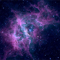 The nebula RCW49, shown in infrared light in this image from the Spitzer Space Telescope, is a nursery for newborn stars. Using NASA's Spitzer Space Telescope, astronomers have found in RCW49 more than 300 newborn or 'protostars,' all with circumstellar disks of dust and gas. The discovery reveals that galaxies make new stars at a much more prolific rate than previously imagined. The stelar disks of dust and gas not only feed material onto the growing new stars, but can be the raw material for new planetary systems. 