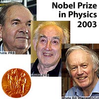 Winners of the 2003 Nobel Prize in Physics: (from top left to bottom right:
<P>
Alexei A. Abrikosov<BR>
Argonne National Laboratory, Argonne, Illinois, USA,
<P>
Vitaly L. Ginzburg<BR>
P.N. Lebedev Physical Institute, Moscow, Russia, and
<P>
Anthony J. Leggett <BR>
University of Illinois, Urbana, Illinois, USA.
<P>
Image: PRB/PRB/UIUC
