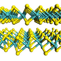 <p>
	Diagram shows the flat-sheet structure of the material used by the MIT team, molybdenum disulfide. Molybdenum atoms are shown in teal, and sulfur atoms in yellow.</p>
<p>
	Image courtesy of Wang et al.</p>
