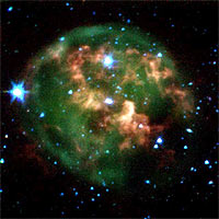 This false-color image from NASA's Spitzer Space Telescope shows a dying star (center) surrounded by a cloud of glowing gas and dust. Thanks to Spitzer's dust-piercing infrared eyes, the new image also highlights a never-before-seen feature -- a giant ring of material (red) slightly offset from the cloud's core. This clumpy ring consists of material that was expelled from the aging star. 
<P>
The star and its cloud halo constitute a 'planetary nebula' called NGC 246. When a star like our own Sun begins to run out of fuel, its core shrinks and heats up, boiling off the star's outer layers. Leftover material shoots outward, expanding in shells around the star. This ejected material is then bombarded with ultraviolet light from the central star's fiery surface, producing huge, glowing clouds -- planetary nebulas -- that look like giant jellyfish in space. 
<P>
In this image, the expelled gases appear green, and the ring of expelled material appears red. Astronomers believe the ring is likely made of hydrogen molecules that were ejected from the star in the form of atoms, then cooled to make hydrogen pairs. The new data will help explain how planetary nebulas take shape, and how they nourish future generations of stars. 
<P>
This image composite was taken on Dec. 6, 2003, by Spitzer's infrared array camera, and is composed of images obtained at four wavelengths: 3.6 microns (blue), 4.5 microns (green), 5.8 microns (orange) and 8 microns (red). 
<P>
Image Credit: 
NASA/JPL-Caltech/CfA 