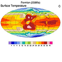 This image shows annual mean surface temperatures in degrees Celsius at the time of the Permian extinction. It is based on a computer simulation generated by the Community Climate System Model at NCAR. (Illustration courtesy Jeff Kiehl, NCAR.)