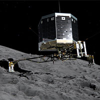 <p>
	Still image from animation of Philae separating from Rosetta and descending to the surface of comet 67P/Churyumov-Gerasimenko in November 2014.</p>
<p>
	Copyright ESA/ATG medialab</p>
