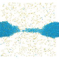 A typical break-up process of a propane liquid bridge (blue) at 185 K in an ambient nitrogen gas (yellow) environment (density of 6:0 kg=m3, with a corresponding partial pressure of 0.36 MPa), recorded in a MD simulation at t=0 (a), 400 (b), 760 (c), and 840 ps (d). The break-up profile is shown in (d), exhibiting a geometry of a long thread pinching on the left. The length of the nanobridge is 30 nm, and its initial average radius is 3 nm. <br /><br />Credit: Georgia Tech
