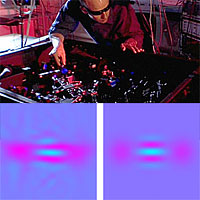 <p>
	TOP:</p>
<p>
	NIST research associate Thomas Gerrits at the laser table used to create 'quantum cats' made of light.</p>
<p>
	BOTTOM:</p>
<p>
	These colorized plots of electric field values indicate how closely the NIST 'quantum cats' (left) compare with theoretical predictions for a cat state (right). The purple spots and alternating blue contrast regions in the center of the images indicate the light is in the appropriate quantum state.</p>
<p>
	Credit: Gerrits/NIST</p>
