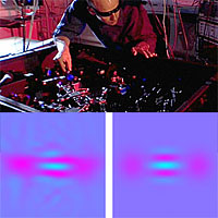 <p>
	TOP:</p>
<p>
	NIST research associate Thomas Gerrits at the laser table used to create 'quantum cats' made of light.</p>
<p>
	BOTTOM:</p>
<p>
	These colorized plots of electric field values indicate how closely the NIST 'quantum cats' (left) compare with theoretical predictions for a cat state (right). The purple spots and alternating blue contrast regions in the center of the images indicate the light is in the appropriate quantum state.</p>
<p>
	Credit: Gerrits/NIST</p>
