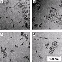 Transmission electron micrographs (TEMS) of medium length (3.3x 23 nm) CdSe core nanorods (a) and the same cores with different thickness shells of Cd/ZnS (b-d). The shell thickness is 2 monolayers (b), 4.5 monolayers (c), and 6.5 monolayers (d). 
<P>
Image courtesy: Lawrence Berkeley National Laboratory