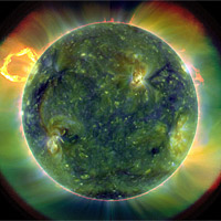 <p>
	A full-disk multiwavelength extreme ultraviolet image of the sun taken by SDO on March 30, 2010. False colors trace different gas temperatures. Reds are relatively cool (about 60,000 Kelvin, or 107,540 F); blues and greens are hotter (greater than 1 million Kelvin, or 1,799,540 F).</p>
<p>
	Credit: NASA/Goddard/SDO AIA Team</p>
