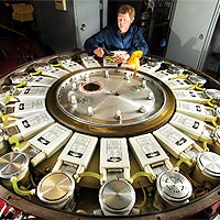 From Siberia, not Area 51: Sandia researcher Bill Fowler tests circuits on an LTD device able to produce large electrical impulses rapidly and repeatedly. (Photo by Randy Montoya)