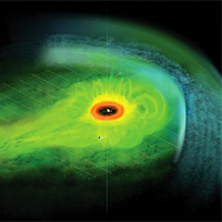 <p>
	This is an artist's concept of the Saturnian plasma sheet based on data from Cassini magnetospheric imaging instrument. It shows Saturn's embedded 'ring current,' an invisible ring of energetic ions trapped in the planet's magnetic field.</p>
<p>
	Saturn is at the center, with the red 'donut' representing the distribution of dense neutral gas outside Saturn's icy rings. Beyond this region, energetic ions populate the plasma sheet to the dayside magnetopause filling the faintly sketched magnetic flux tubes to higher latitudes and contributing to the ring current. The plasma sheet thins gradually toward the nightside. The view is from above Saturn's equatorial plane, which is represented by grid lines. The moon Titan's location is shown for scale. The location of the bow shock is marked, as is the flow of the deflected solar wind in the magnetosheath.</p>
<p>
	Image credit: NASA/JPL/JHUAPL</p>
