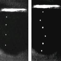 Electrons: The Video<br /><br />Captured on a home video camera, some electrons follow a straight path through superfluid helium (far left). Those entrained in a superfluid vortex follow a snakelike path.<br /><br />Image: Humphrey Maris and Wei Guo