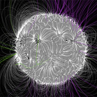 (Illustration) At solar maximum, in July 2014, the structure is complex, with closed and open field lines poking out all over – ideal conditions for solar explosions.
Credits: NASA's Goddard Space Flight Center/Bridgman