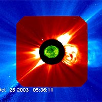 This is a multi-instrument image of the October - November 2003 solar storms. The image combines false-color views from three instruments on board the Solar and Heliospheric Observatory (SOHO) spacecraft. The Sun is the center object, in green. This view, from the Extreme ultraviolet Imaging Telescope (EIT) instrument on board SOHO, shows a series of powerful solar explosions called solar flares in ultraviolet light. (Flares appear as bright sparks on the green disk). The middle image, in red, is a close up view of the solar atmosphere made with SOHO's Large Angle and Spectrometric Coronagraph (LASCO) C2 instrument. This instrument makes an artificial eclipse of the Sun so the faint outer atmosphere (corona) can be seen. Massive eruptions of electrified gas (plasma) called coronal mass ejections (CMEs) can be seen as white areas moving rapidly away from the Sun. The outer image, in blue, is a wide-angle view of the corona made with SOHO's LASCO C3 instrument. As the CMEs travel further from the Sun, they are seen as bright areas in this view. White dots that periodically obscure the image are electrically charged particles (electrons and atomic nuclei) that have been accelerated to high speeds by the flares and CMEs. They create spots on the image when they hit detectors in the instruments. This is one type of space radiation that can be hazardous to unprotected spacecraft and astronauts. The bright object moving to the left in part of the movie is the planet Mercury.
<P>
<A HREF='http://www.gsfc.nasa.gov/topstory/2004/0708flare.html' TARGET='_blank'>Click here for more images and movies.</A>
<P>
Credit: NASA/Tom Bridgman and the European Space Agency