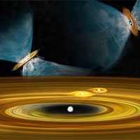 In this artist's conception, a widely-separated pair of young, still-forming stars is in the background, forming by fragmentation of the material in the larger cloud in which they are born. In the foreground, companions in a multiple-star system are forming through fragmentation of a dusty disk that surrounds the original young star.<BR><BR>
CREDIT: Bill Saxton, NRAO/AUI/NSF