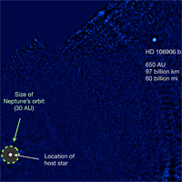 <p>
	This is a discovery image of planet HD 106906 b in thermal infrared light from MagAO/Clio2, processed to remove the bright light from its host star, HD 106906 A. The planet is more than 20 times farther away from its star than Neptune is from our Sun. AU stands for Astronomical Unit, the average distance of the Earth and the Sun. (Image: Vanessa Bailey)</p>
