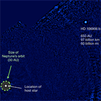 <p>
	This is a discovery image of planet HD 106906 b in thermal infrared light from MagAO/Clio2, processed to remove the bright light from its host star, HD 106906 A. The planet is more than 20 times farther away from its star than Neptune is from our Sun. AU stands for Astronomical Unit, the average distance of the Earth and the Sun. (Image: Vanessa Bailey)</p>
