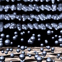 This figure illustrates the transition from a molecular solid (top) to a quantum liquid (bottom) that is expected to occur in hydrogen under high pressure. 
<P>
Courtesy: LLNL