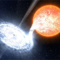 GX 339-4, illustrated here, is among the most dynamic binaries in the sky, with four major outbursts in the past seven years. In the system, an evolved star no more massive than the sun orbits a black hole estimated at 10 solar masses.<br /><br /> Credit: ESO/L. Calçada