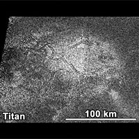 <p>
	Titan's Hot Cross Bun</p>
<p>
	NASA's Cassini spacecraft obtained this image of a feature shaped like a hot cross bun in the northern region of Titan that bears a striking resemblance to a similar feature on Venus. The Titan image was obtained by Cassini's radar instrument on May 22, 2012. The bun is located at about 38.5 degrees north latitude and 203 degrees west longitude. This image is taken from a longer radar swath, which is about 3,200 miles (5,200 kilometers) long and about 400 miles (600 kilometers) at its widest.</p>
<p>
	The circular feature shown, which looks like a giant hot cross bun, is about 43 miles (70 kilometers) in diameter with near-perpendicular markings about 37 miles (60 kilometers) wide, meeting at its center. The illumination for this synthetic aperture radar image is from the right. Similar features are seen on other planets. In a synthetic aperture radar image of Venus by NASA's Magellan spacecraft, this radar-bright circular-shaped region of 20 miles (30 kilometers) across lies at the summit of a large volcano called Kunapipi Mons (at about 33.3 degrees south latitude and 85.5 degrees west longitude on Venus). This comparison leads to the interpretation that the Titan crosses are also fractures caused by uplift from below. Steam often causes the top of bread to lift and stretch, but on Titan some other force, such as rising cryomagma, may have uplifted the surface, leading to the crossed cracks.<br />
	 </p>

