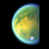 Piercing the ubiquitous layer of smog enshrouding Titan, these images from the Cassini visual and infrared mapping spectrometer reveals an exotic surface covered with a variety of materials in the southern hemisphere. Visible is a circular feature that may be a crater in the north. 
<P>
Using near-infrared colors--some three times deeper in the red visible to the human eye--these images reveal the surface with unusual clarity. The color image shows a false-color combination of three previous images. The yellow areas correspond to the hydrocarbon-rich regions, while the green areas are the icier regions. Here, the methane cloud appears white, as it is bright in all three colors. 
<P>
The Cassini-Huygens mission is a cooperative project of NASA, the European Space Agency and the Italian Space Agency. The Jet Propulsion Laboratory, a division of the California Institute of Technology in Pasadena, manages the Cassini-Huygens mission for NASA's Office of Space Science, Washington, D.C. The Cassini orbiter was designed, developed and assembled at JPL. The visible and infrared mapping spectrometer team is based at the University of Arizona, Tucson. 
<P>
For more information, about the Cassini-Huygens mission visit, <A HREF='http://saturn.jpl.nasa.gov' TARGET='_blank'>http://saturn.jpl.nasa.gov</A>. For more information about the visual and infrared mapping spectrometer visit <A HREF='http://wwwvims.lpl.arizona.edu/' TARGET='_blank'>http://wwwvims.lpl.arizona.edu/</A>. 
<P>
Credit: NASA/JPL/University of Arizona 