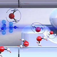 <p>Pre-sorted ortho-water and para-water molecules with differently oriented nuclear spins (blue or red arrows) react with diazenylium ions (center left) at different speeds. (Illustration: University of Basel, Department of Chemistry)</p>
