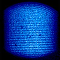 This false color image shows an ultracold plasma of 26,000 beryllium ions fluorescing when hit by a laser pulse.
<P>
Courtesy: NIST